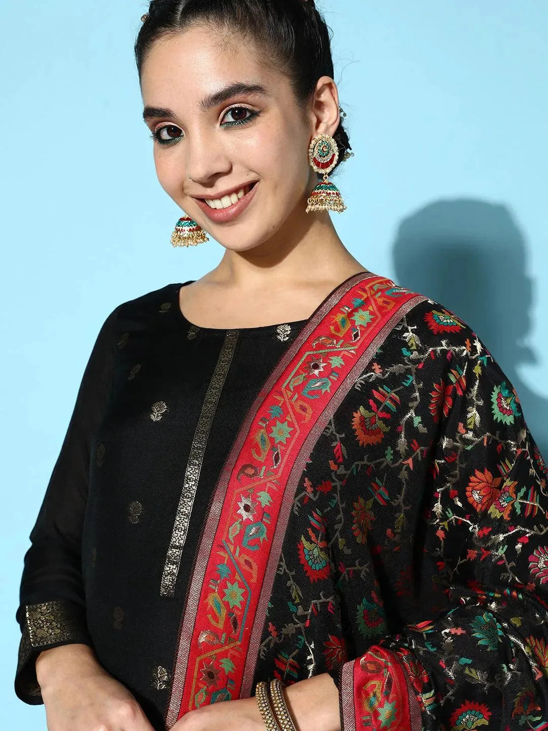 Black Self Design Silk Blend Straight Suit Set - Libas 