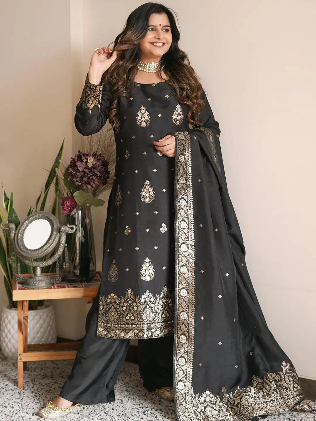 Black Self Design Silk Straight Suit Set - Libas