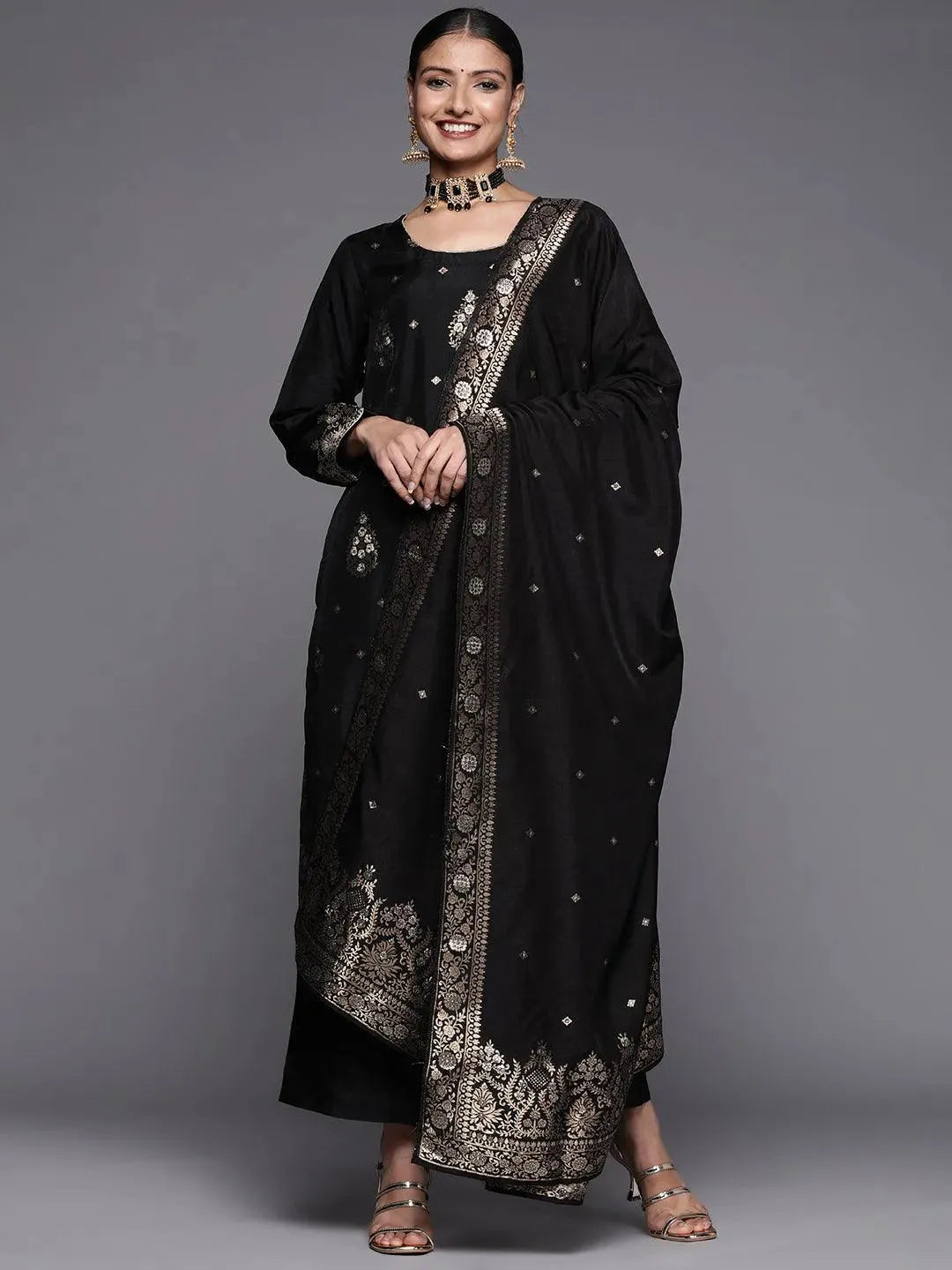 Black Self Design Silk Straight Suit Set - Libas 