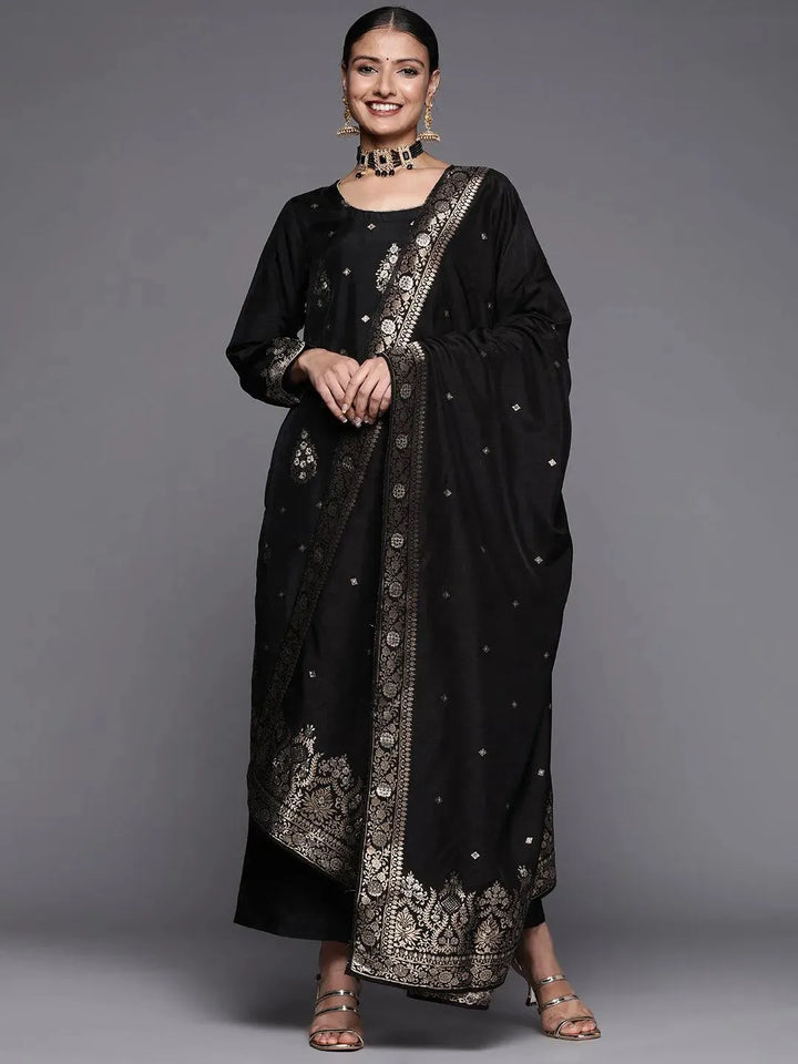 Black Self Design Silk Straight Suit Set - Libas