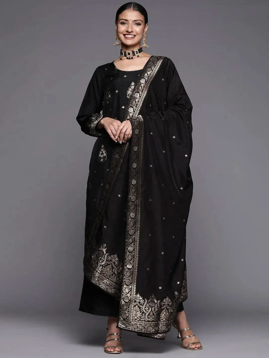 Women Black Silk Blend Solid Straight Kurta Palazzos With Dupatta Set