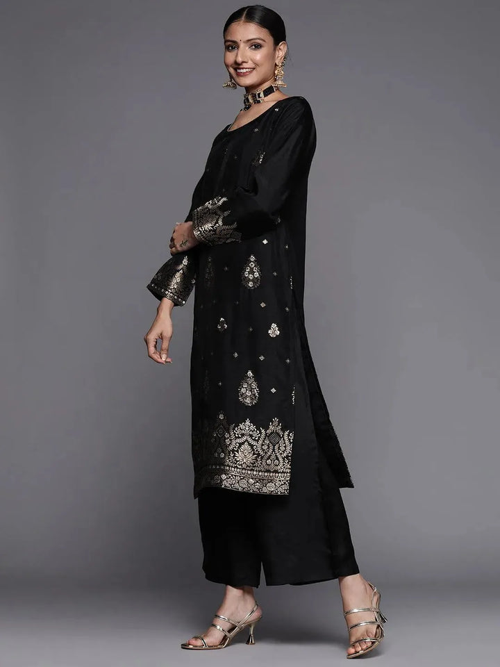 Black Self Design Silk Straight Suit Set - Libas