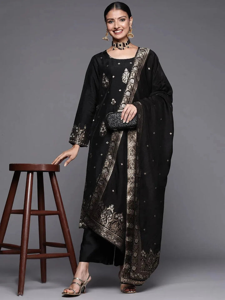 Black Self Design Silk Straight Suit Set - Libas