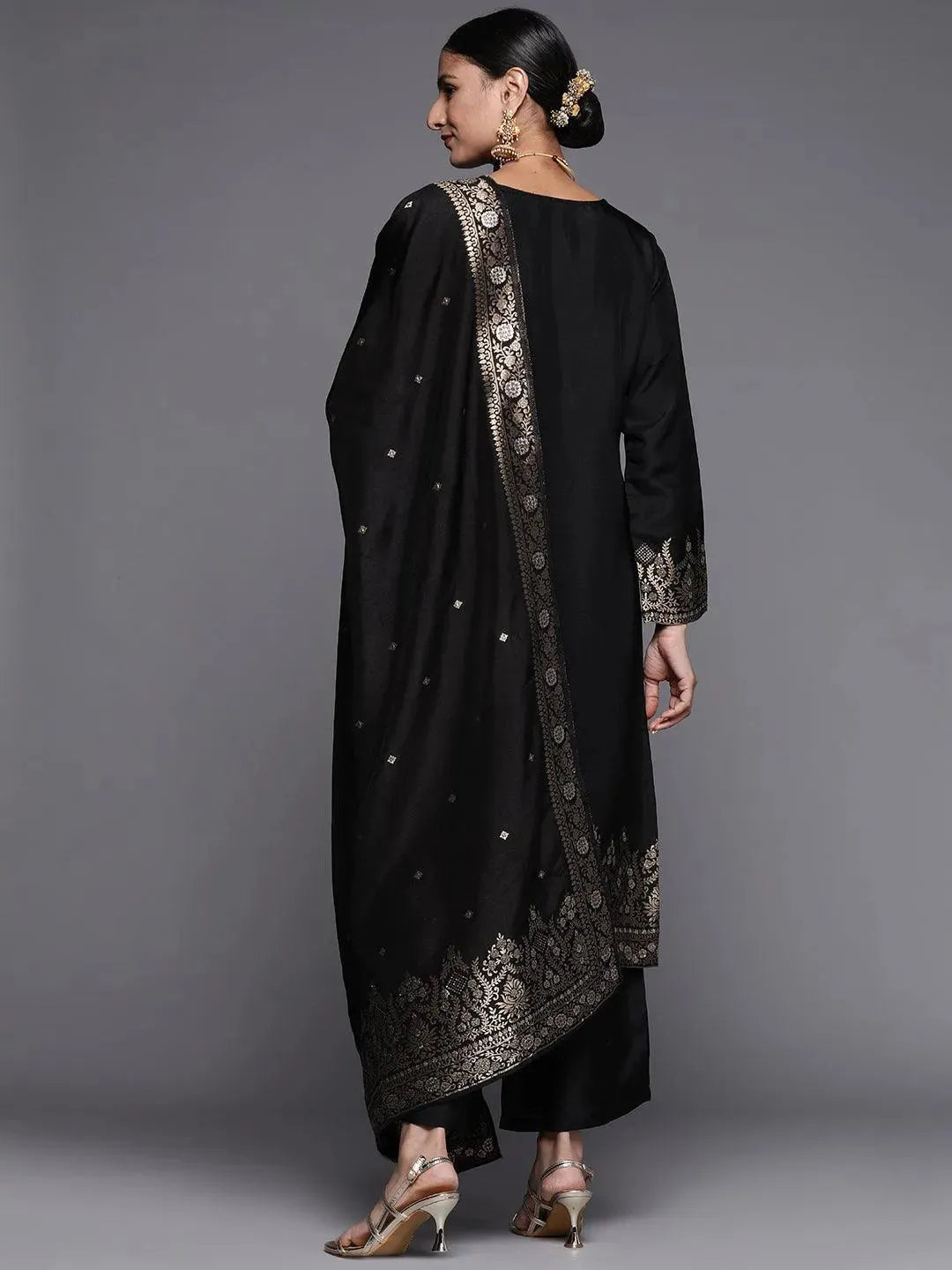 Black Self Design Silk Straight Suit Set - Libas 
