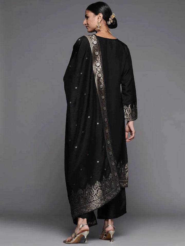 Black Self Design Silk Straight Suit Set - Libas