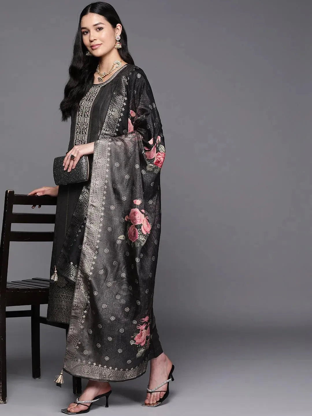Black Self Design Silk Suit Set With Trousers - Libas 