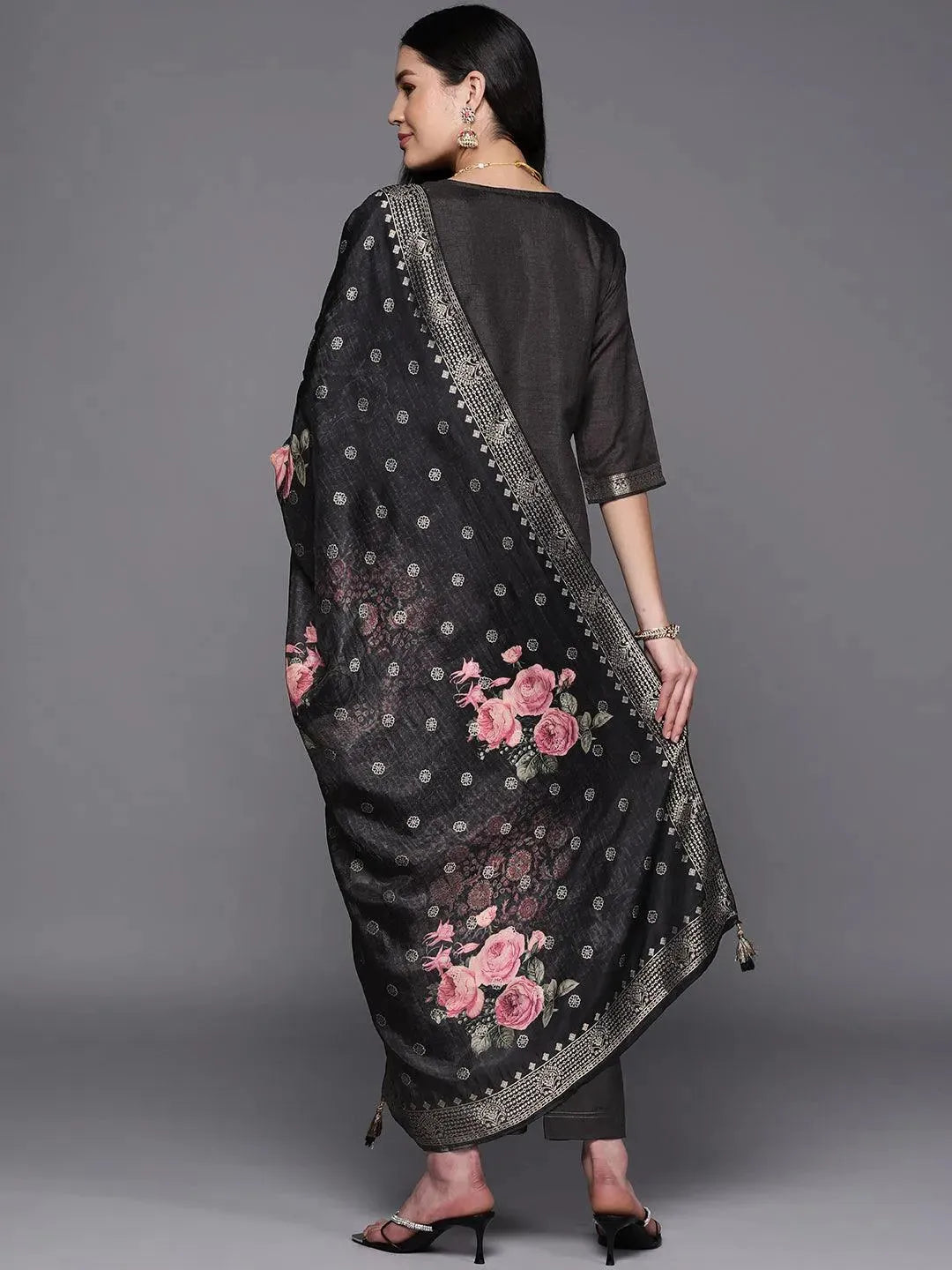 Black Self Design Silk Suit Set With Trousers - Libas 