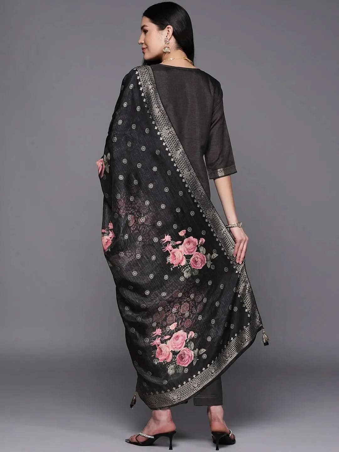 

Black Self Design Silk Straight Kurta With Trousers & Dupatta
