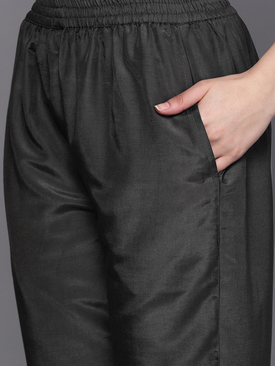 Black Self Design Silk Suit Set With Trousers - Libas