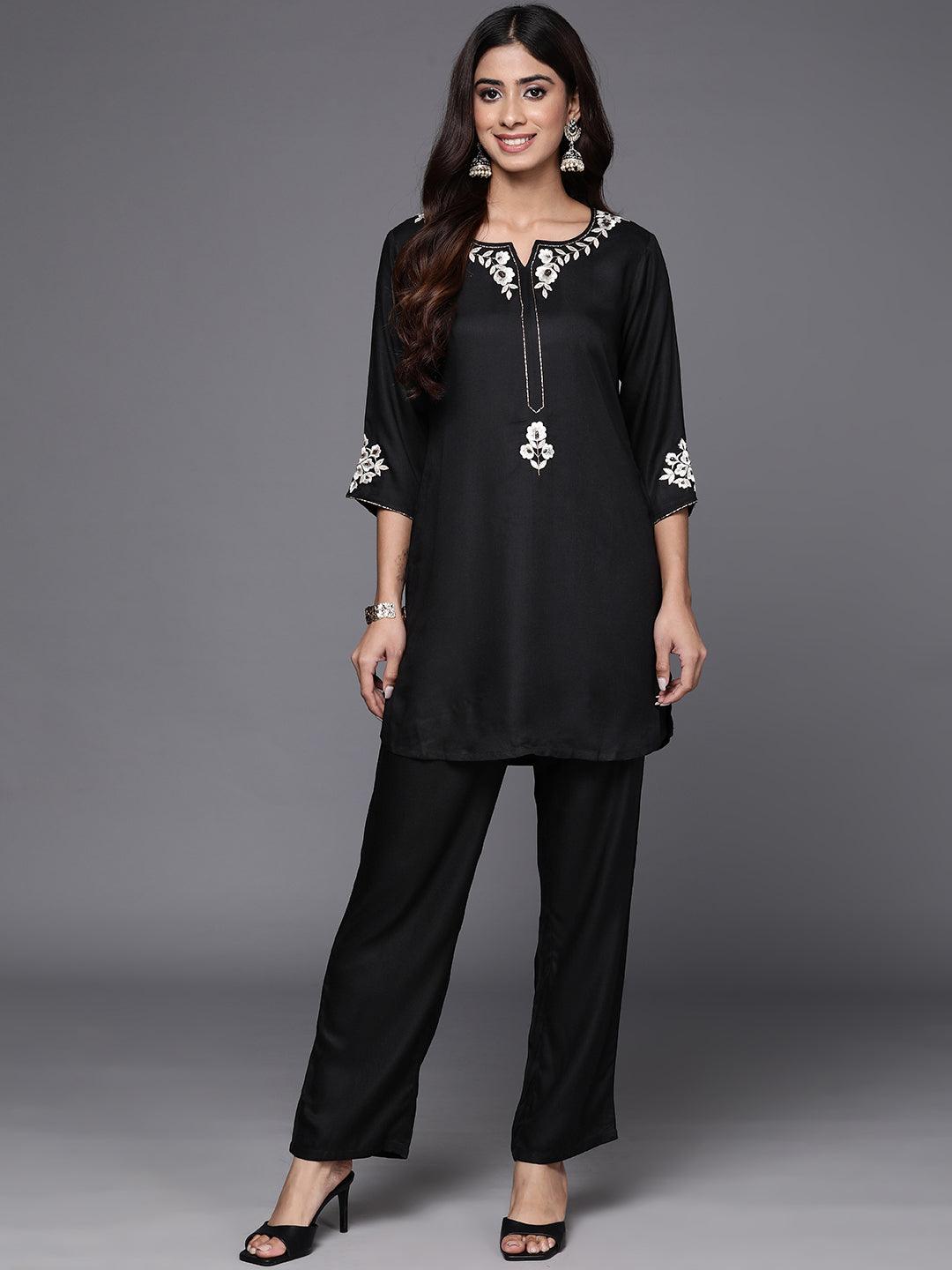 Black Self Design Wool Blend Tunic With Trousers - Libas