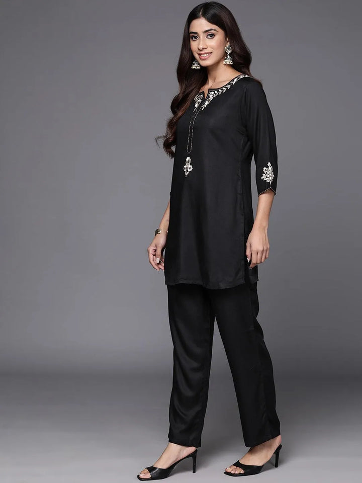 Black Self Design Wool Blend Tunic With Trousers - Libas