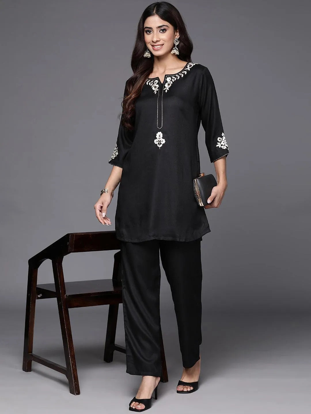 Black Self Design Wool Blend Tunic With Trousers - Libas 