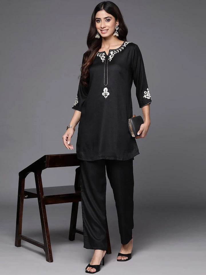 Black Self Design Wool Blend Tunic With Trousers - Libas