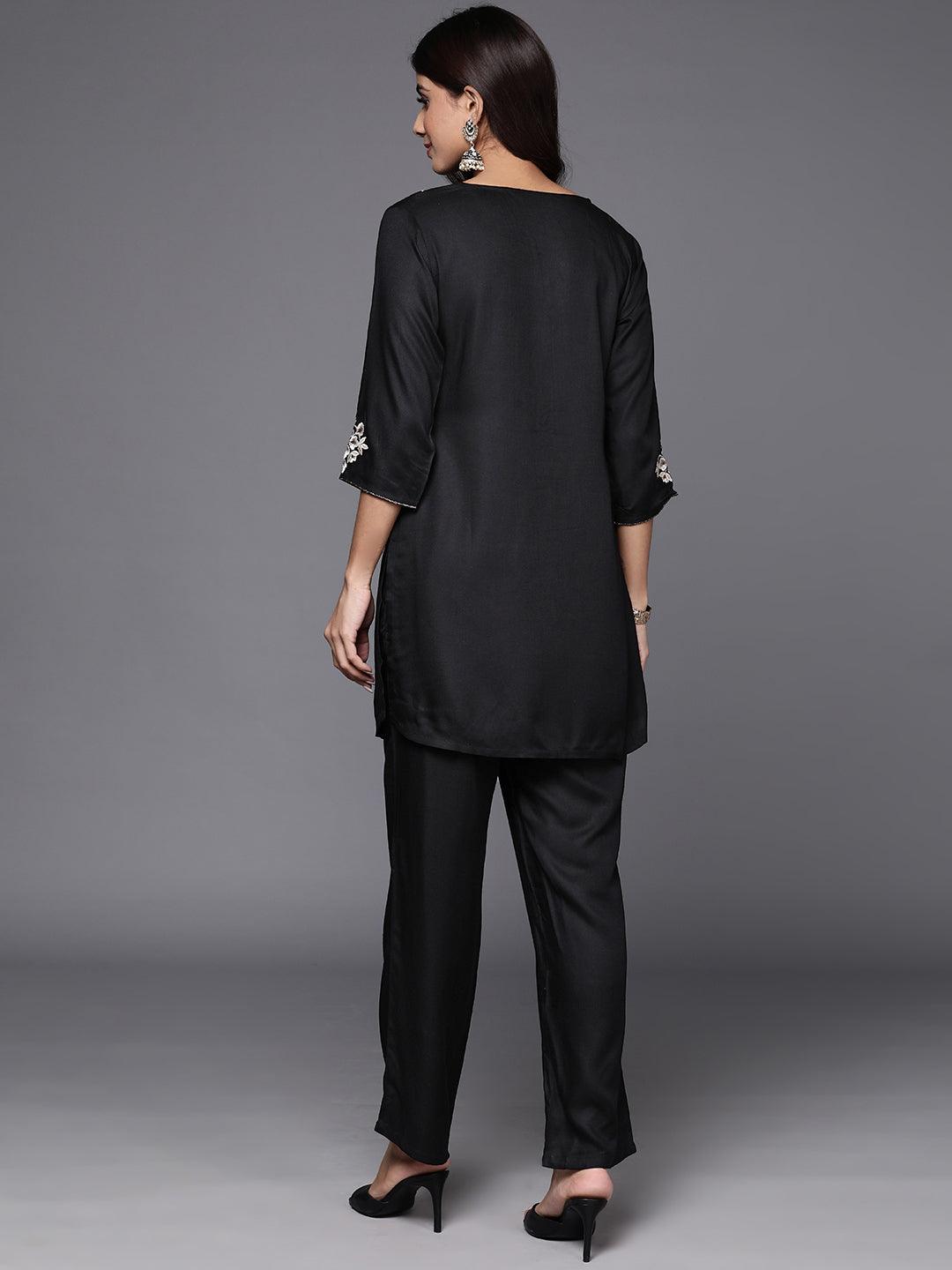 Black Self Design Wool Blend Tunic With Trousers - Libas