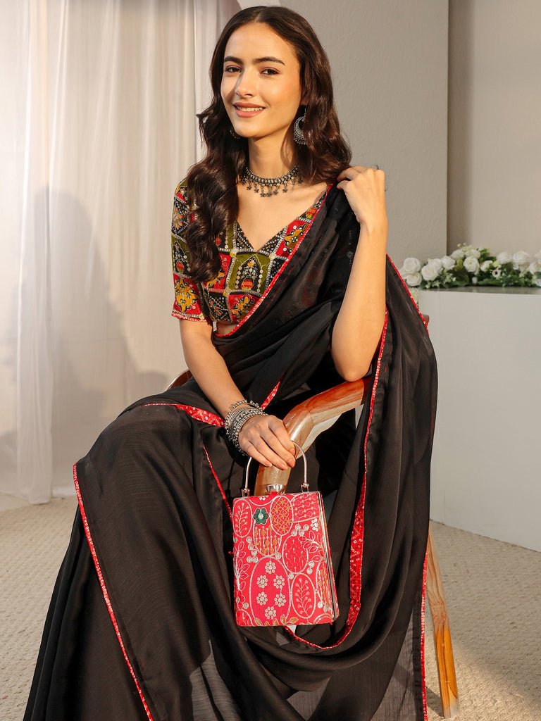 Libas Black Solid Chiffon Saree With Unstitched Blouse Piece