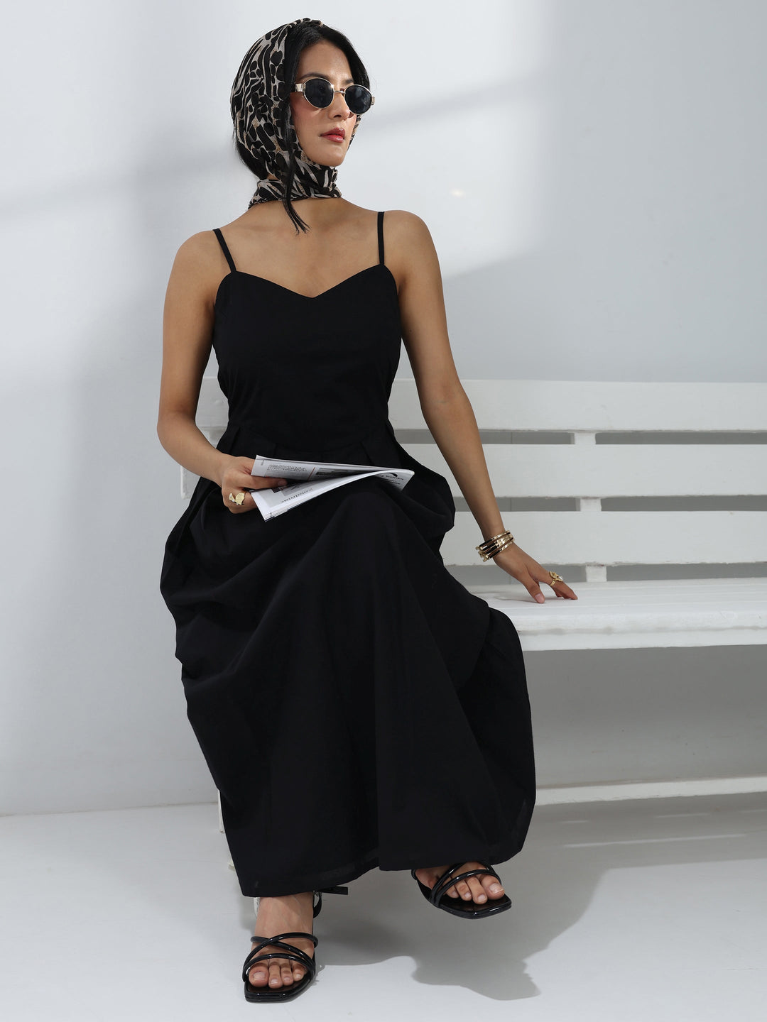  Black Solid Cotton A-Line One-Piece Dress 