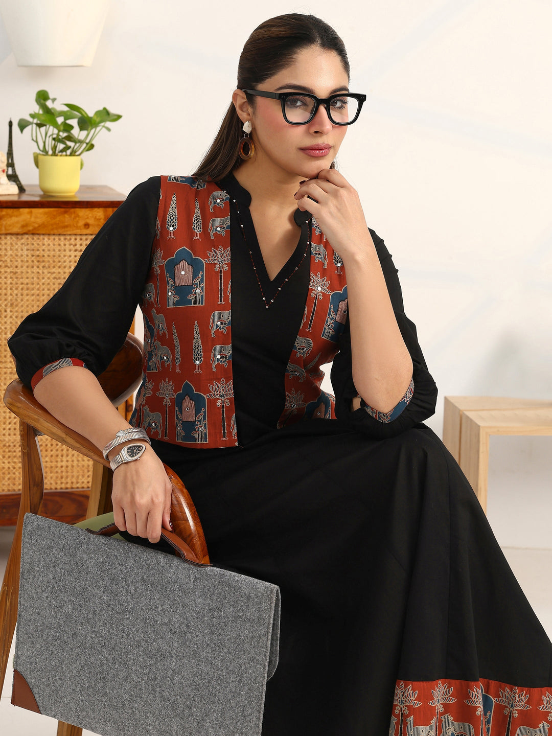  Black Solid Cotton A-Line Puff Sleeves One Piece Dress With Jacket 
