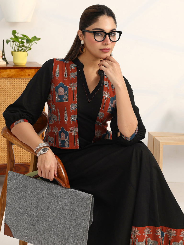 Gerua Black Solid Cotton Blend A-Line Puff Sleeves One Piece Dress With Jacket