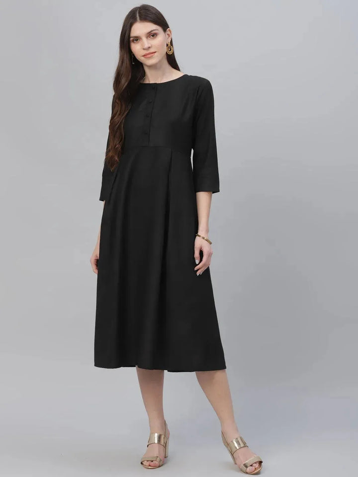 Black Solid Cotton Dress - Libas