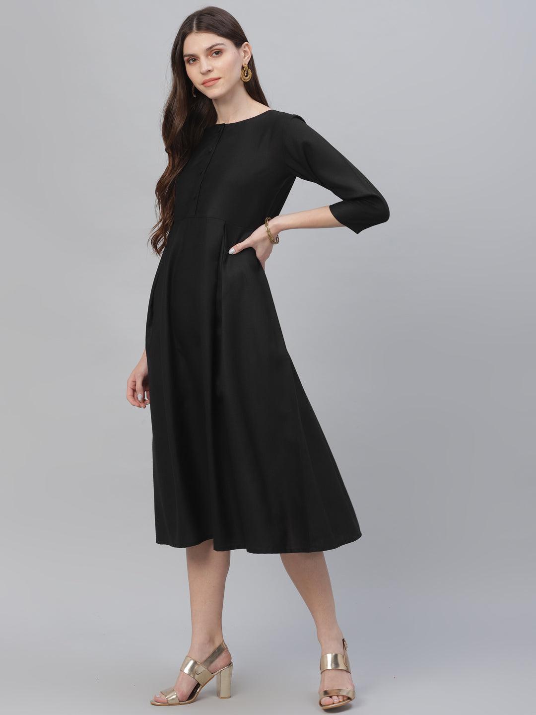 Black Solid Cotton Dress - Libas