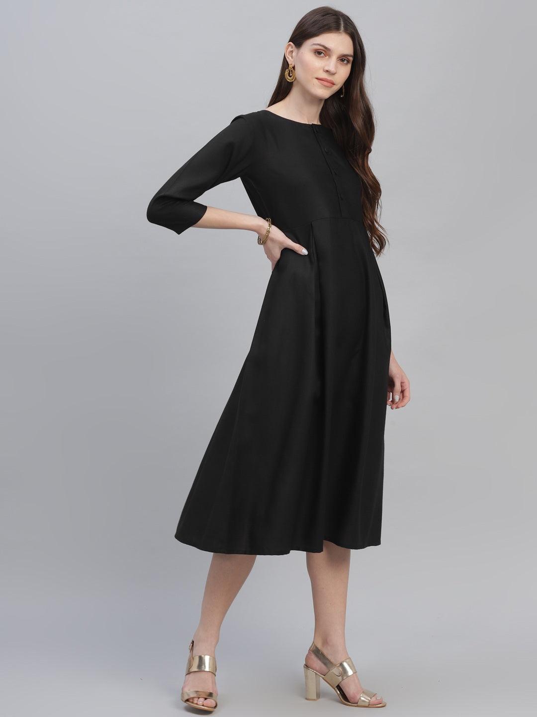 Black Solid Cotton Dress - Libas