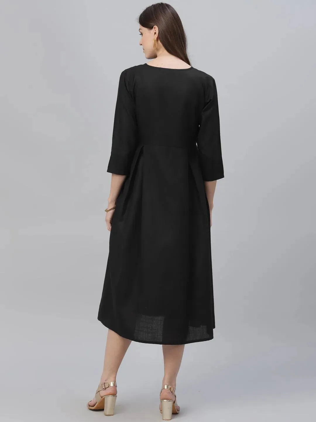 Black Solid Cotton Dress - Libas 