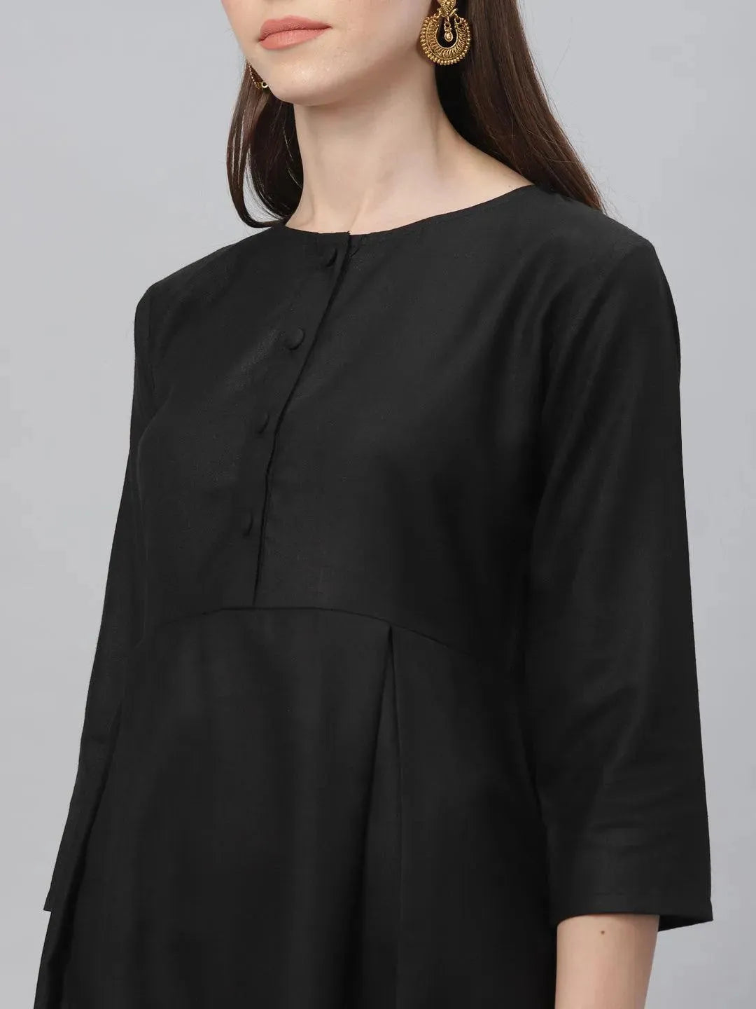 Black Solid Cotton Dress - Libas 