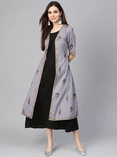 Black Solid Cotton Dress With Jacket - Libas