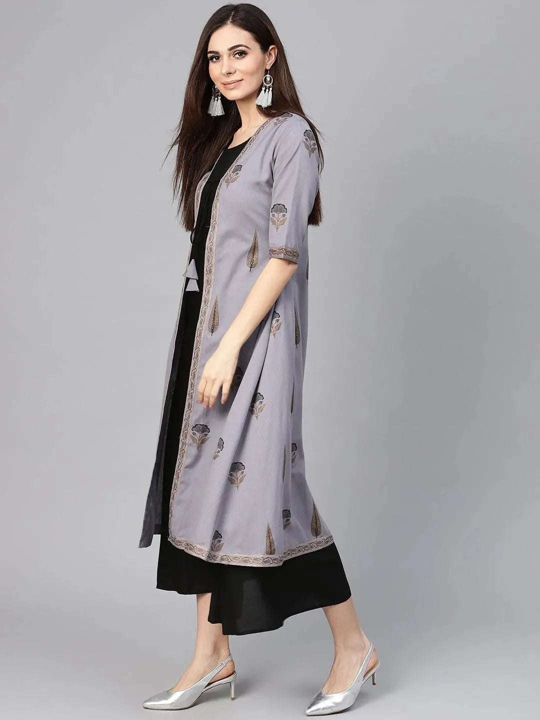 Black Solid Cotton Dress With Jacket - Libas