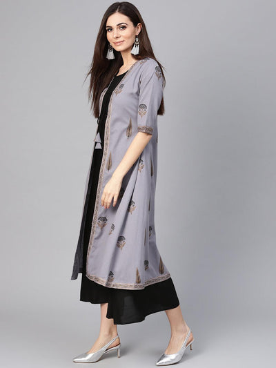 Black Solid Cotton Dress With Jacket - Libas
