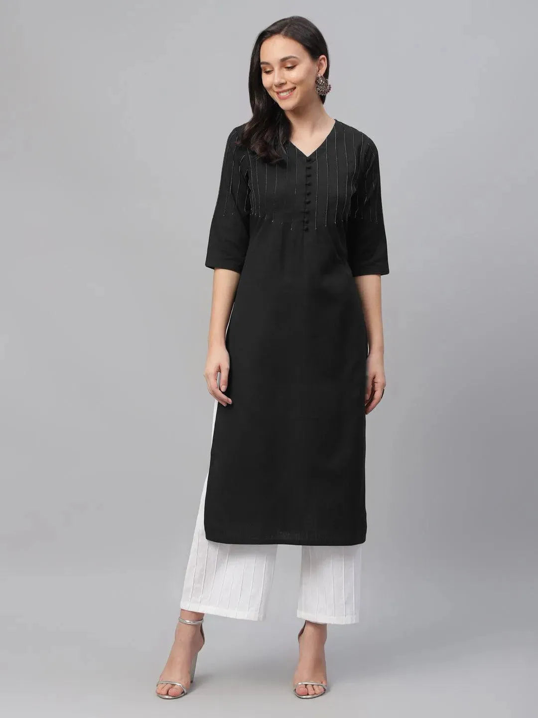 Black Solid Cotton Kurta - Libas