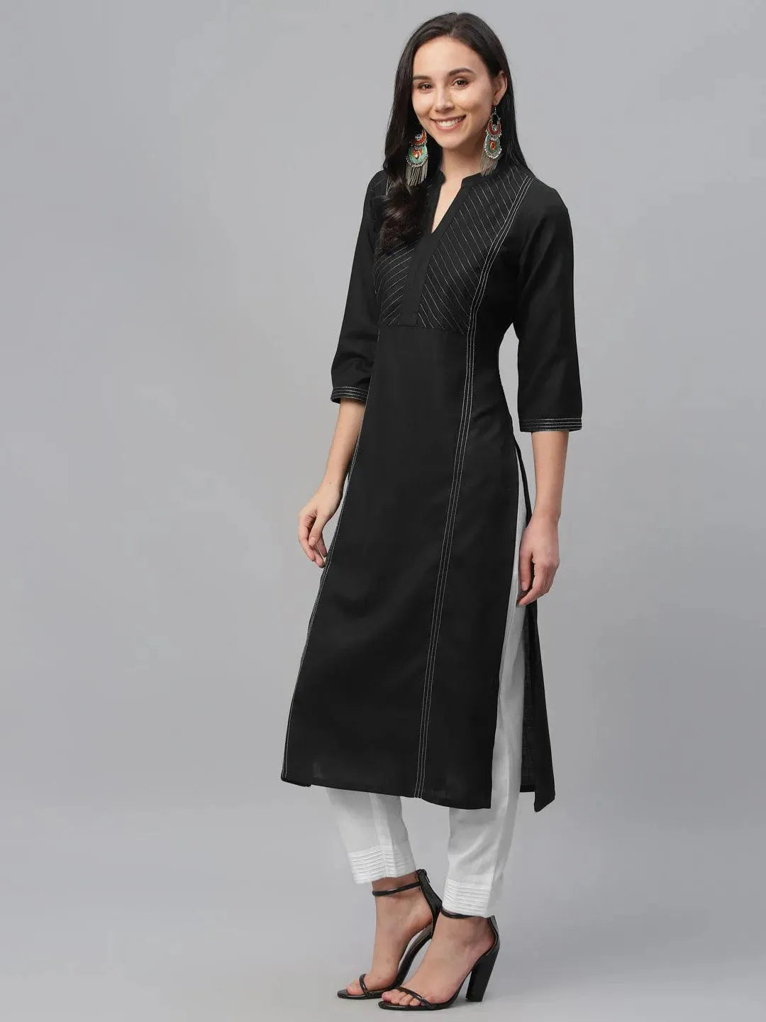 Black Solid Cotton Kurta - Libas