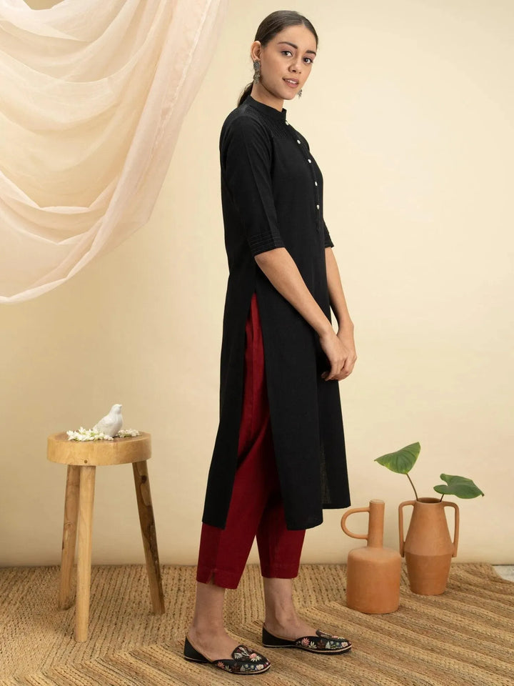 Black Solid Cotton Kurta - Libas