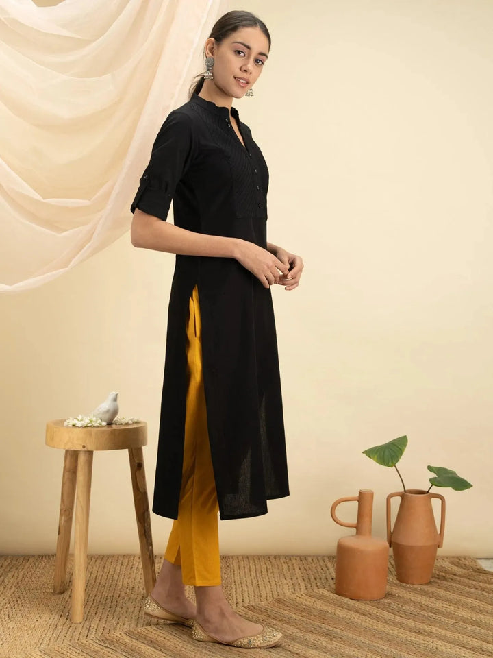 Black Solid Cotton Kurta - Libas