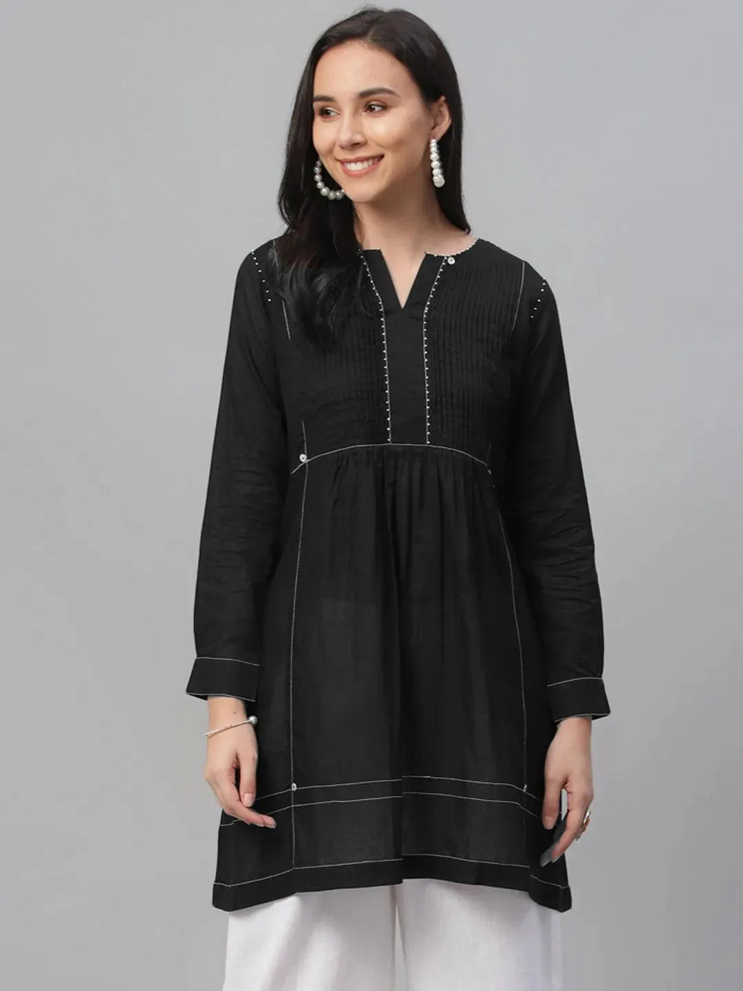 Black Solid Cotton Kurti - Libas