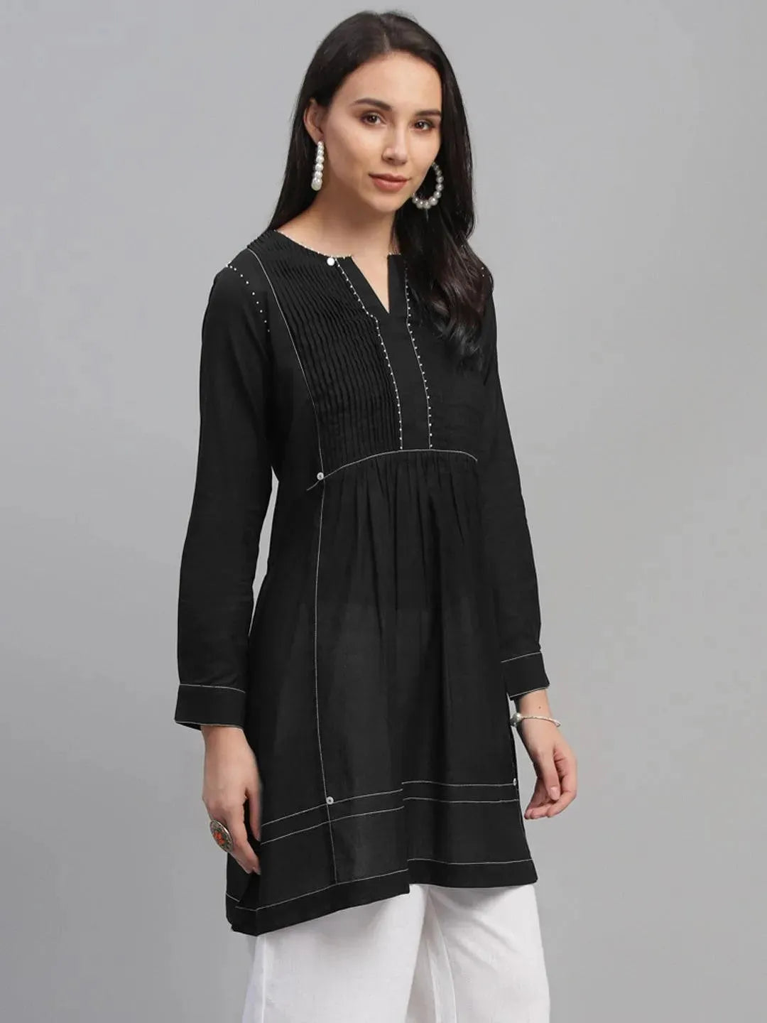 Black Solid Cotton Kurti - Libas