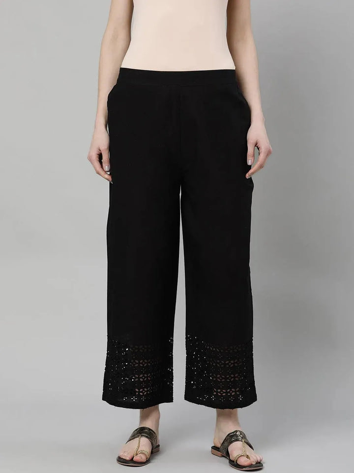 Black Solid Cotton Palazzos - Libas