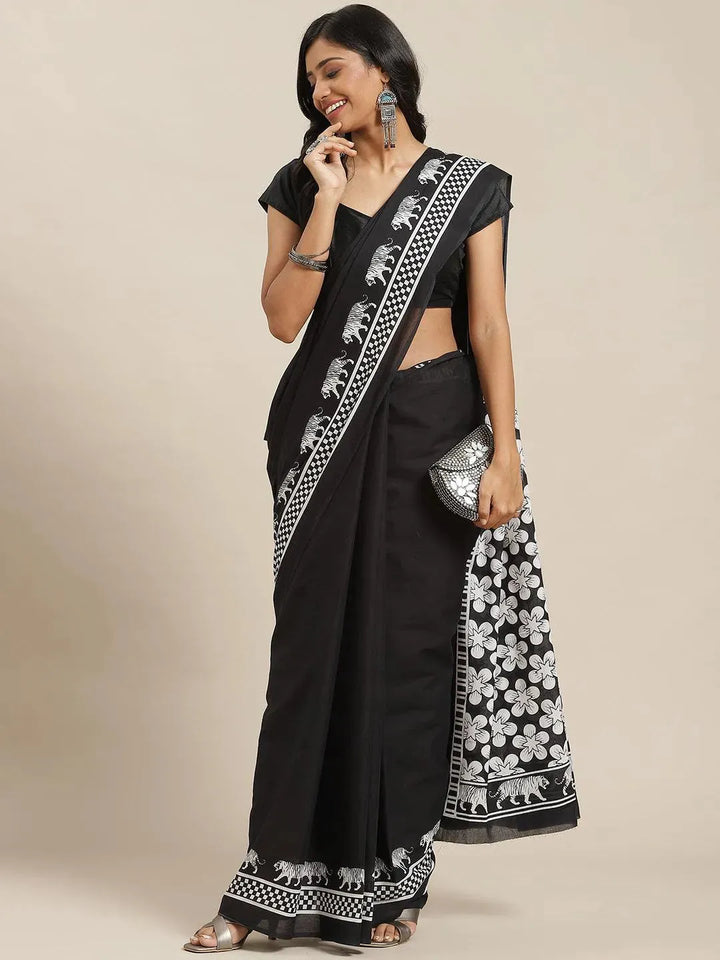 Black Solid Cotton Saree - Libas