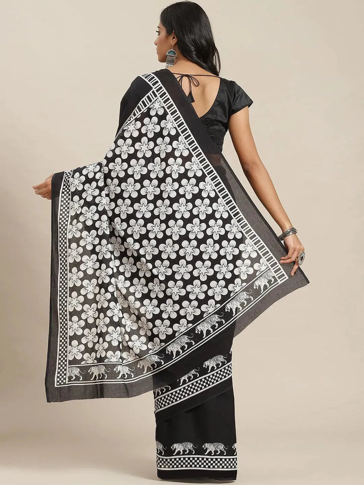 Black Solid Cotton Saree - Libas