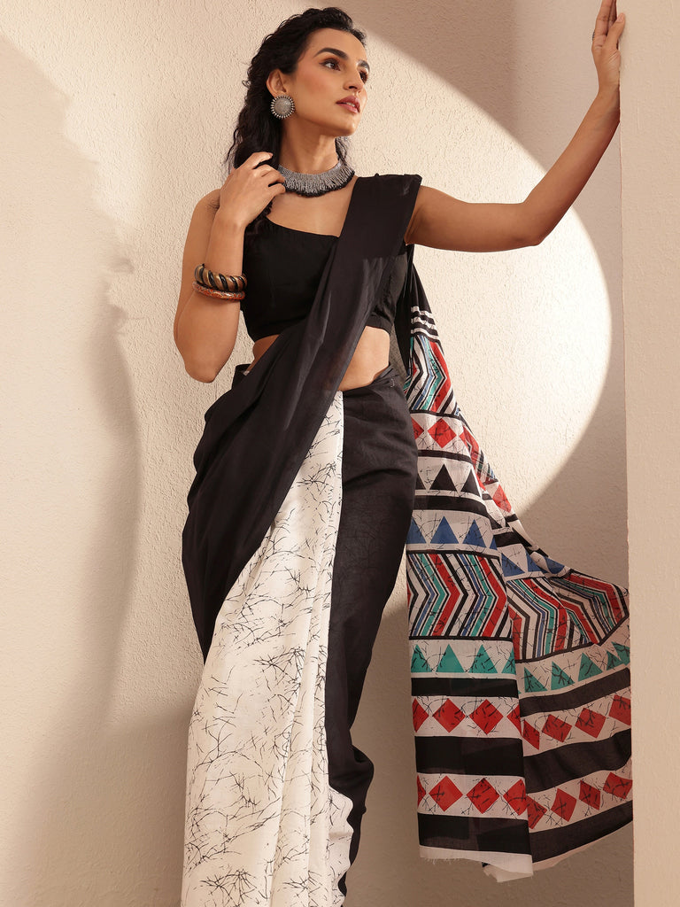 Libas Black Solid Cotton Saree With Unstitched Blouse Piece