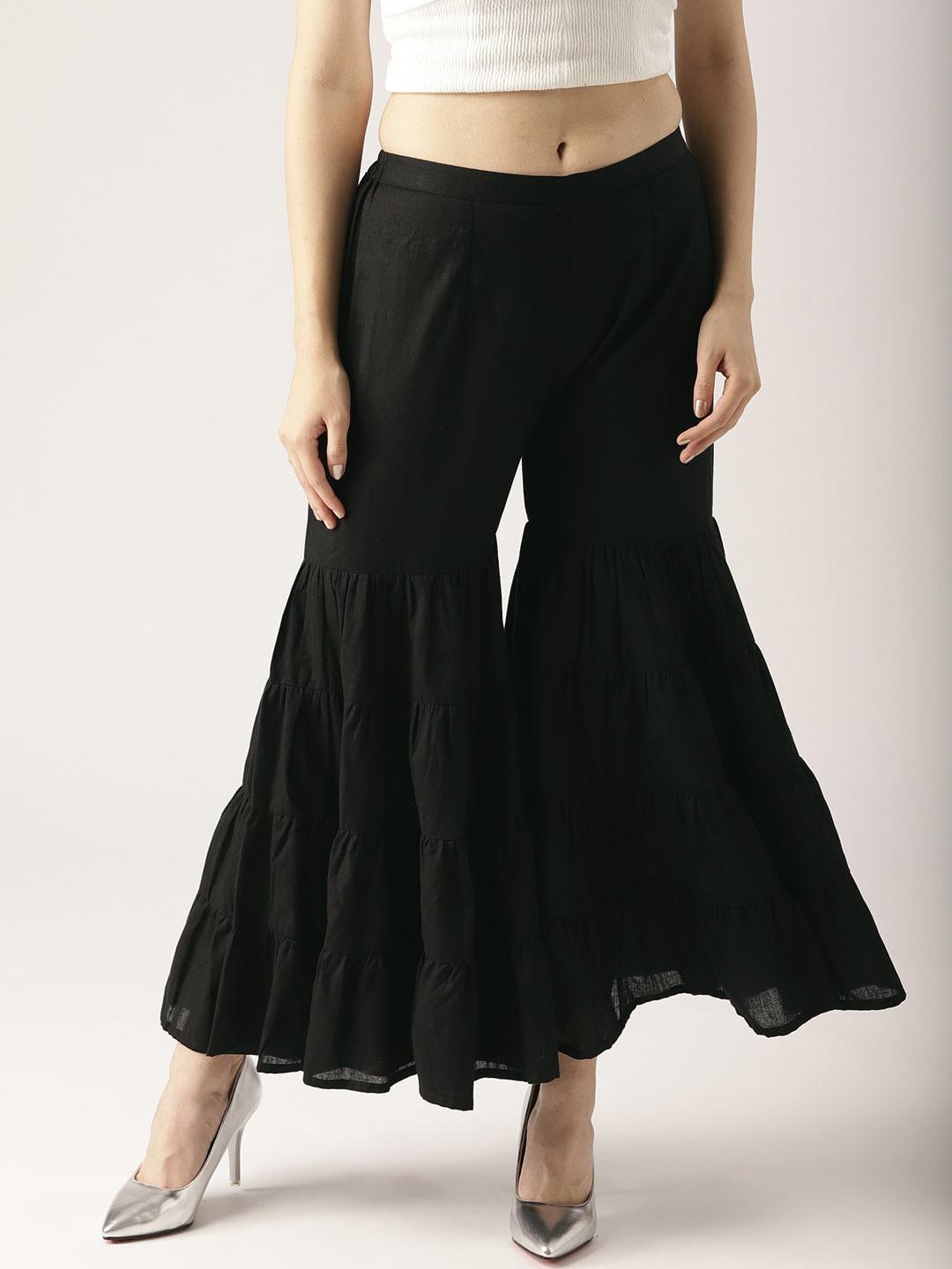 Black Solid Cotton Sharara Pants - Libas