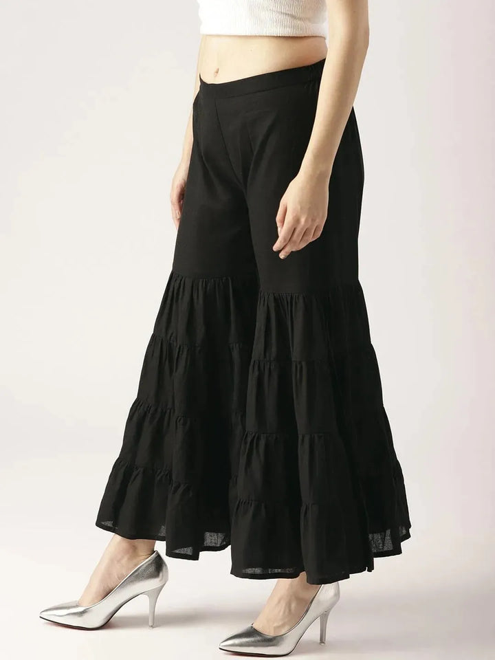 Black Solid Cotton Sharara Pants - Libas