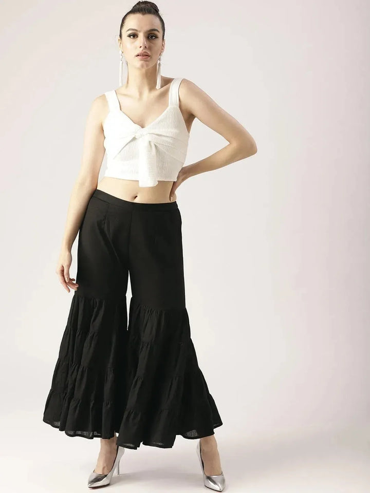 Black Solid Cotton Sharara Pants - Libas