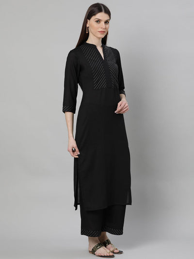 Black Solid Cotton Suit Set - Libas