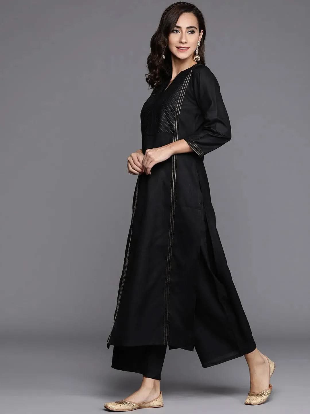 Black Solid Cotton Blend Straight Kurta Sets With Dupatta