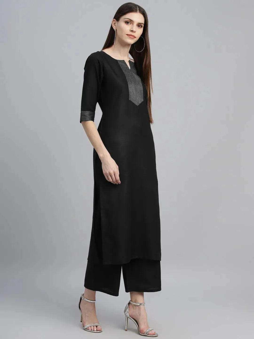 Black Solid Cotton Suit Set - Libas 