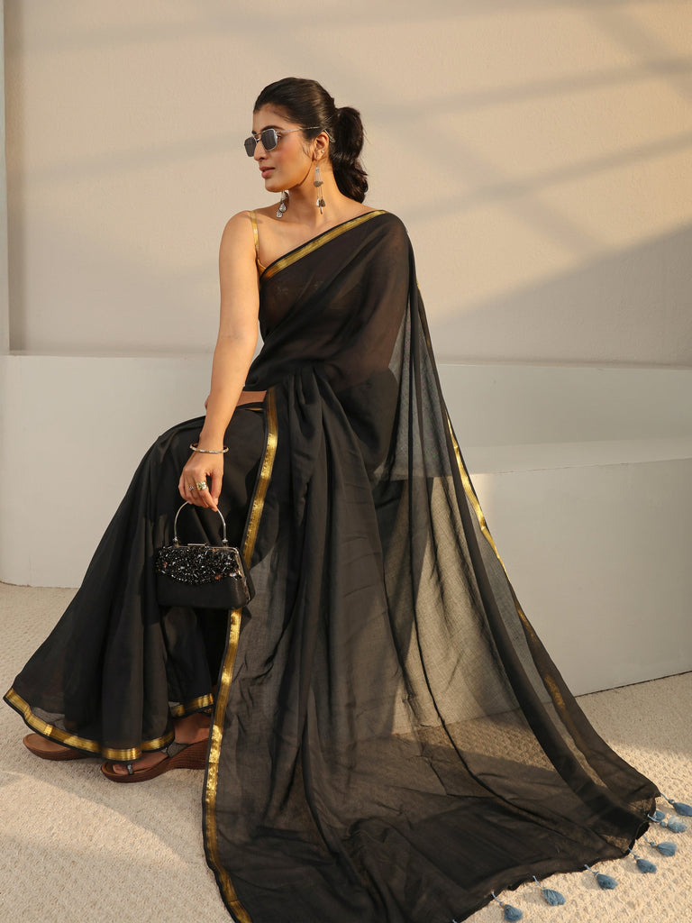 Libas Black Solid Cotton Tassel Saree