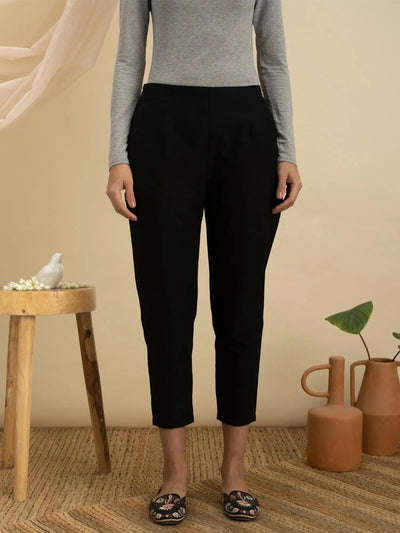 Black Solid Cotton Trousers - Libas