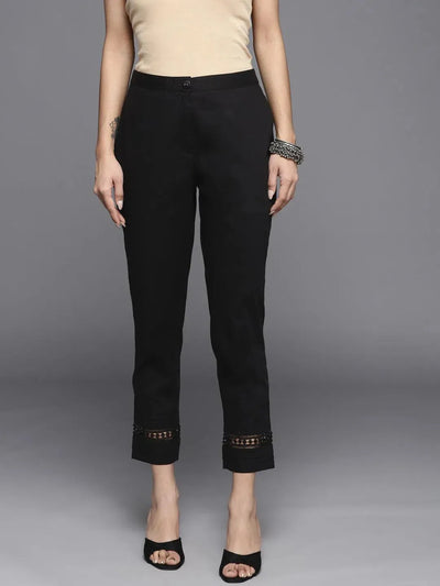 Black Solid Cotton Trousers - Libas