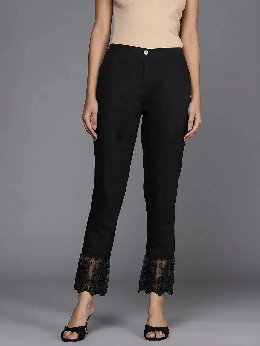 Black Solid Cotton Trousers - Libas